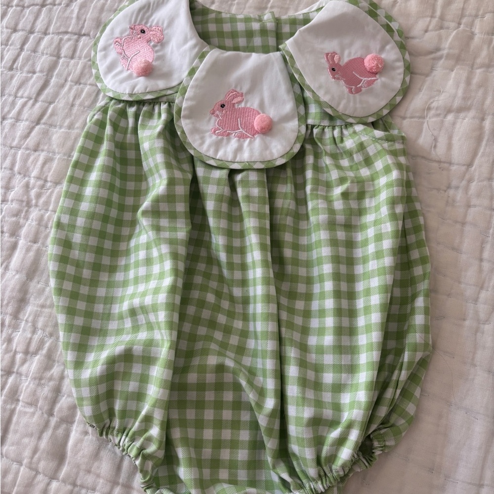 Green Gingham Baby Romper with Pink Bunny Accents